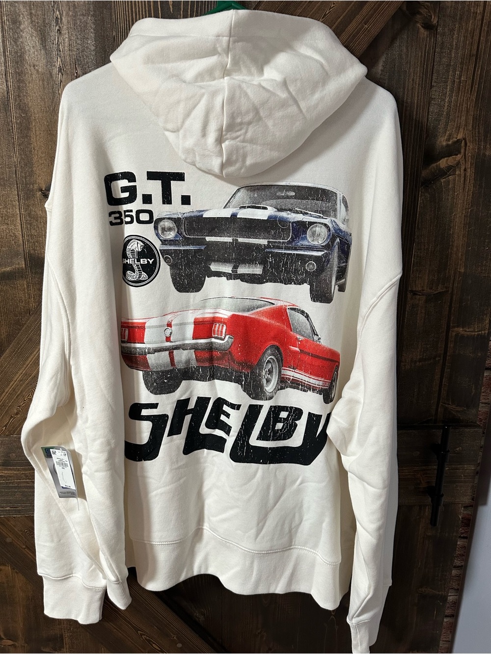 Shelby GT350 Graphic Hoodie - White with Red & Blue Car Prints